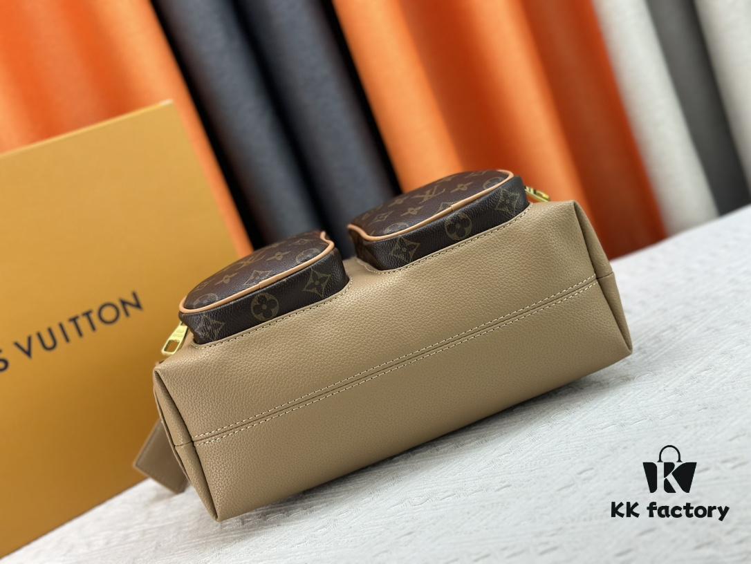 Upgraded Model M12697 Full Leather Khaki Monogram Bag, Fabric Material, Classic Canvas with Wide Adjustable Strap, Magnetic Closure Dual Pockets on Both Sides