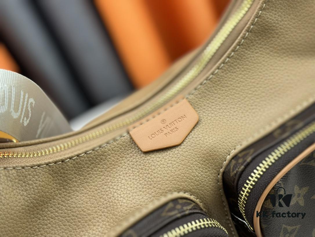 Upgraded Model M12697 Full Leather Khaki Monogram Bag, Fabric Material, Classic Canvas with Wide Adjustable Strap, Magnetic Closure Dual Pockets on Both Sides