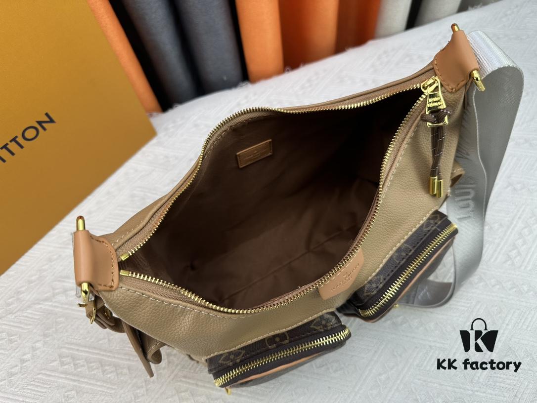 Upgraded Model M12697 Full Leather Khaki Monogram Bag, Fabric Material, Classic Canvas with Wide Adjustable Strap, Magnetic Closure Dual Pockets on Both Sides