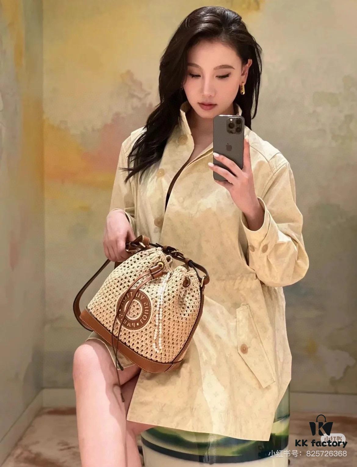 New Large Batch LV NOE PURSE Bucket Handbag with Raffia and Leather Trim