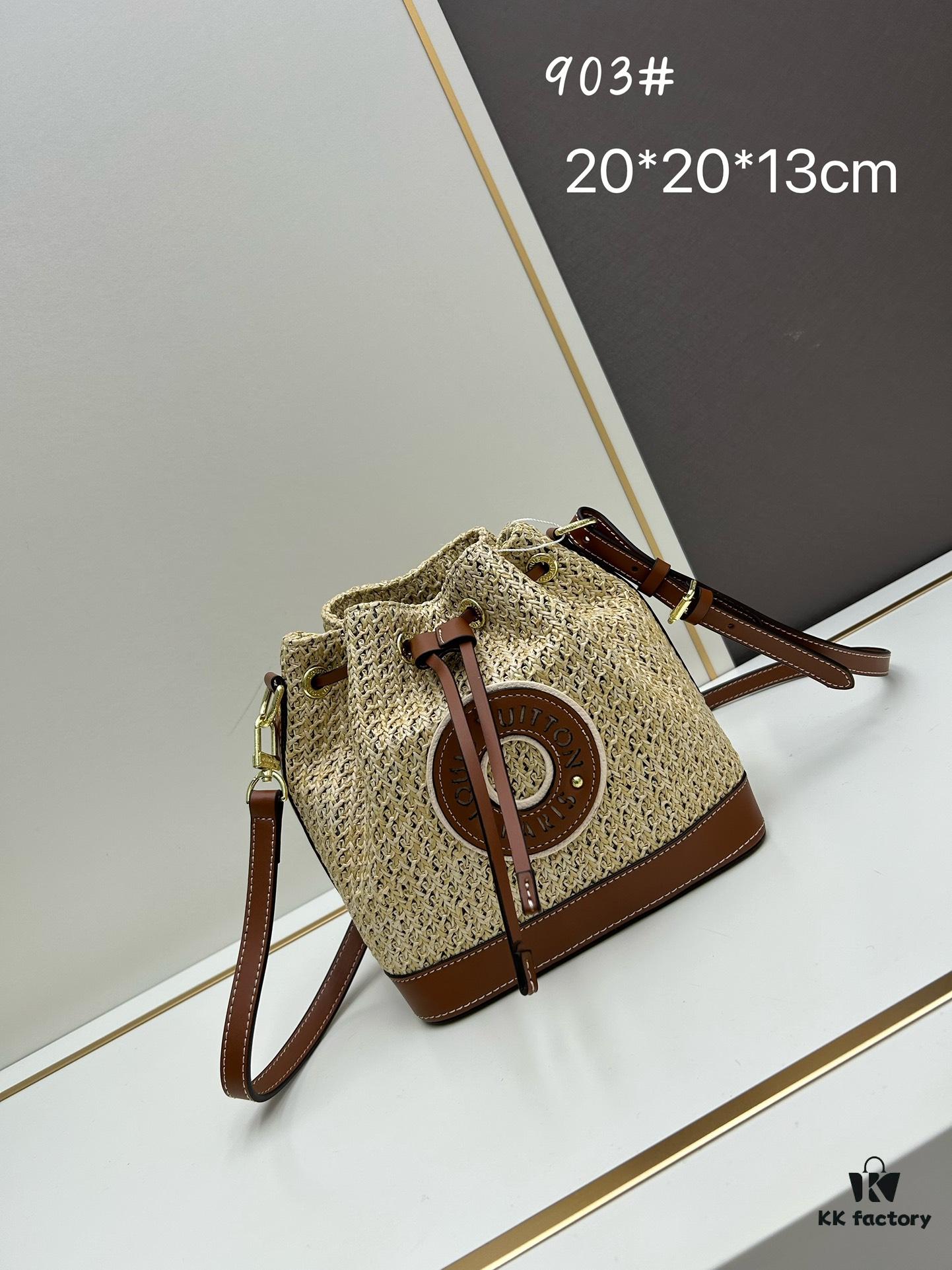 New Large Batch LV NOE PURSE Bucket Handbag in Raffia with Leather Trim 'Small Burnt Dumpling'
