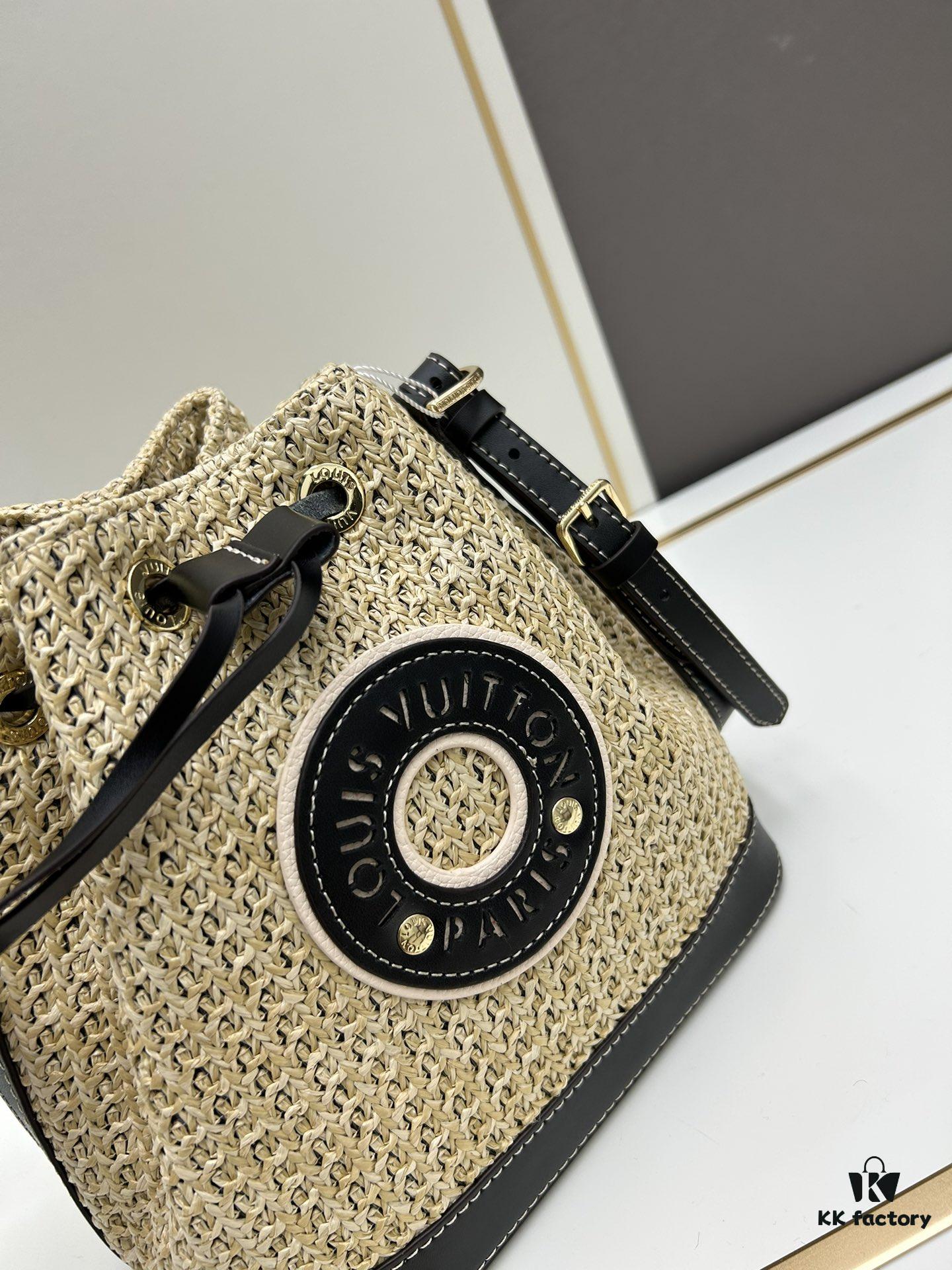 New Large Batch LV NOE PURSE Bucket Handbag with Raffia and Leather Trim