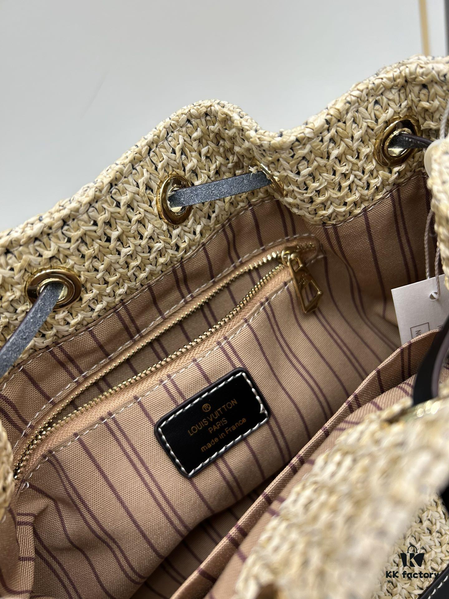 New Large Batch LV NOE PURSE Bucket Handbag with Raffia and Leather Trim