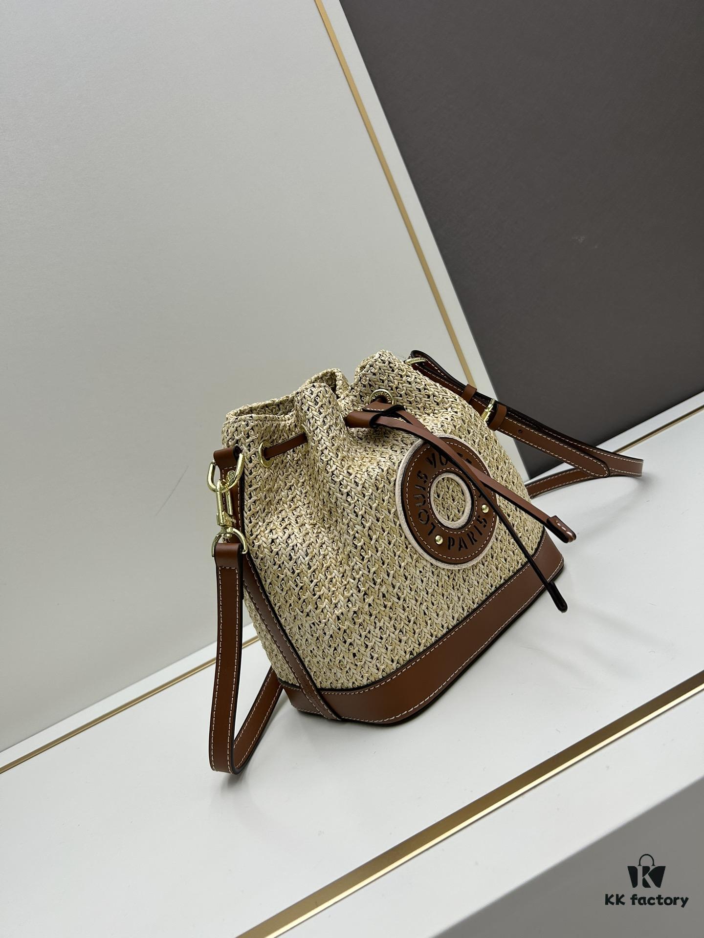 New Large Batch LV NOE PURSE Bucket Handbag in Raffia with Leather Trim 'Mini Dumpling'