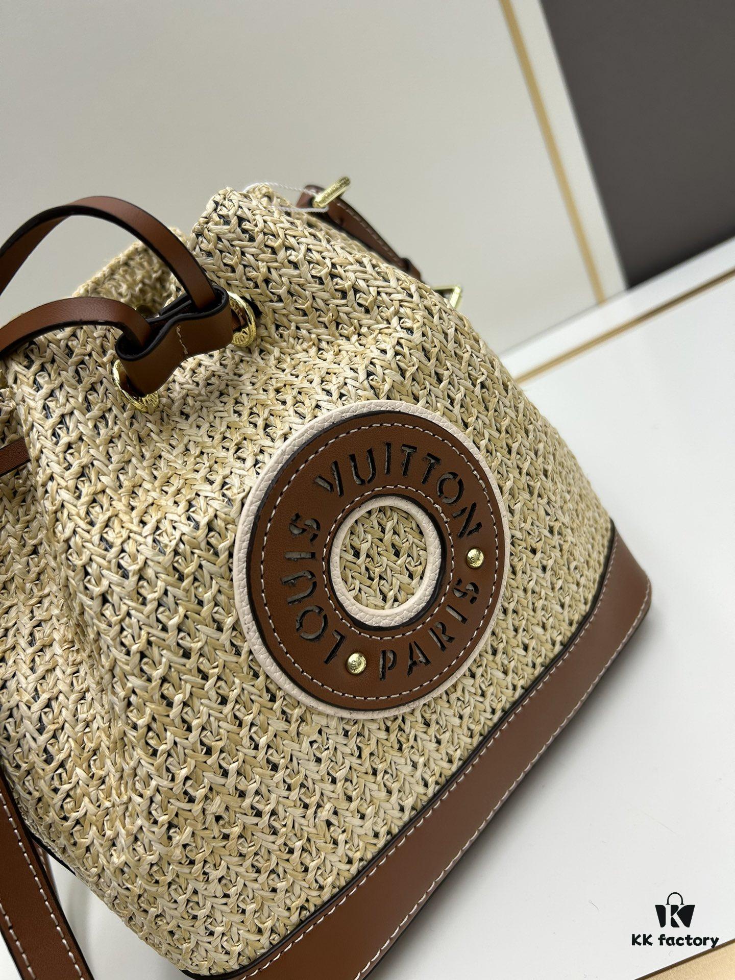 New Large Batch LV NOE PURSE Bucket Handbag in Raffia with Leather Trim 'Mini Dumpling'