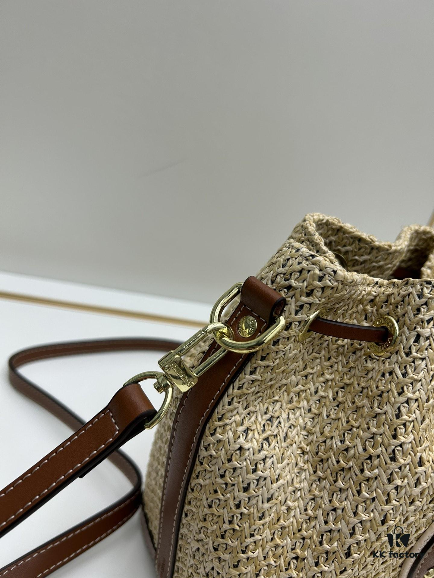 New Large Batch LV NOE PURSE Bucket Handbag in Raffia with Leather Trim 'Mini Dumpling'