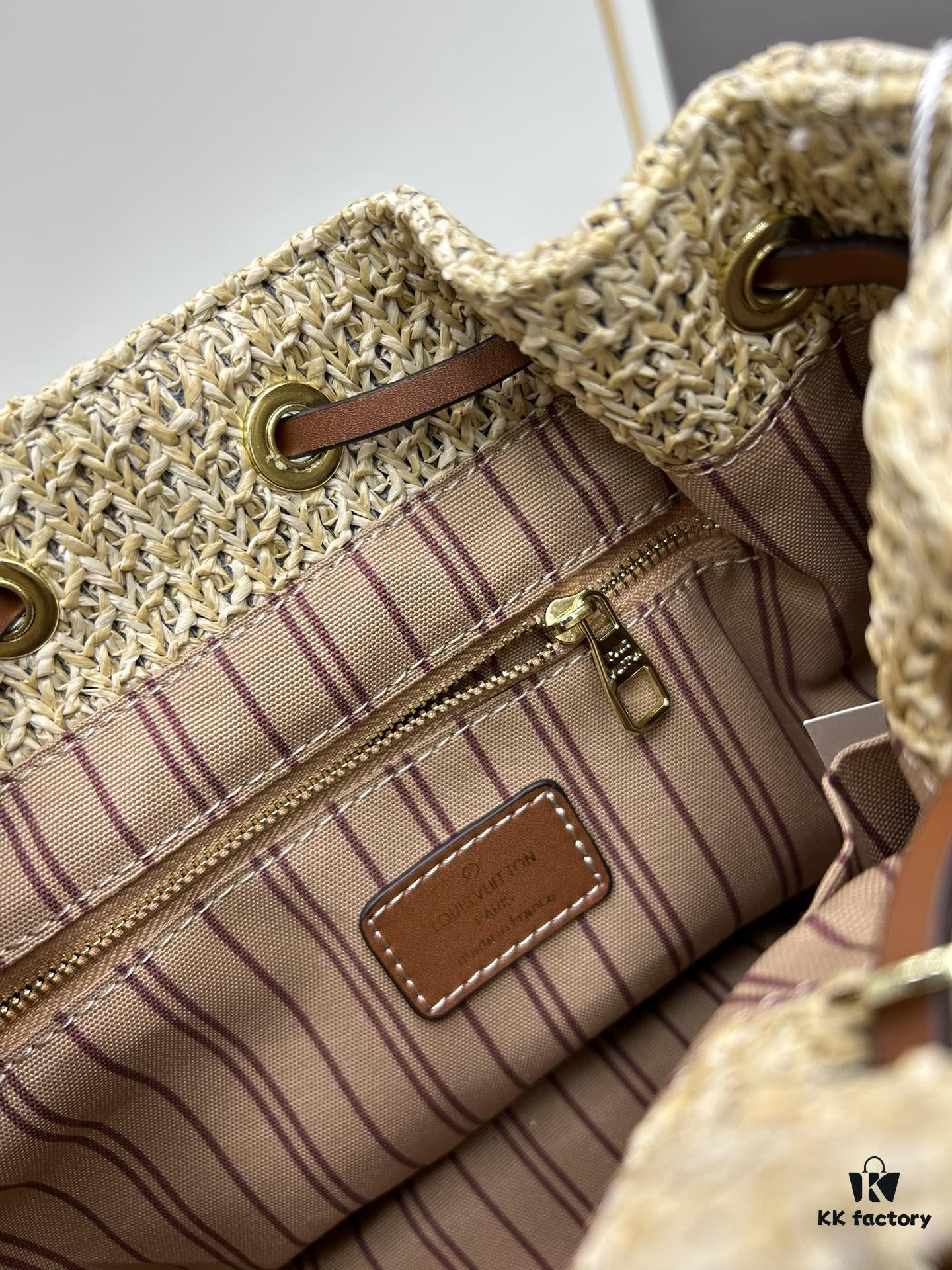 New Large Batch LV NOE PURSE Bucket Handbag in Raffia with Leather Trim 'Mini Dumpling'