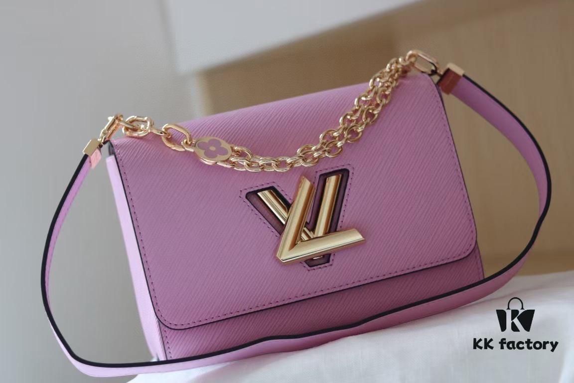 Latest TWIST Collection Top Quality Original Version Model No. 50369/59402/59403/59627/59405 The new medium-sized Twist bag features a double chain with hand-enameled Monogram flowers, exuding soft elegance whether used as decoration or an extended carrying option. The LV Twist lock continues the brand's classic design elements.