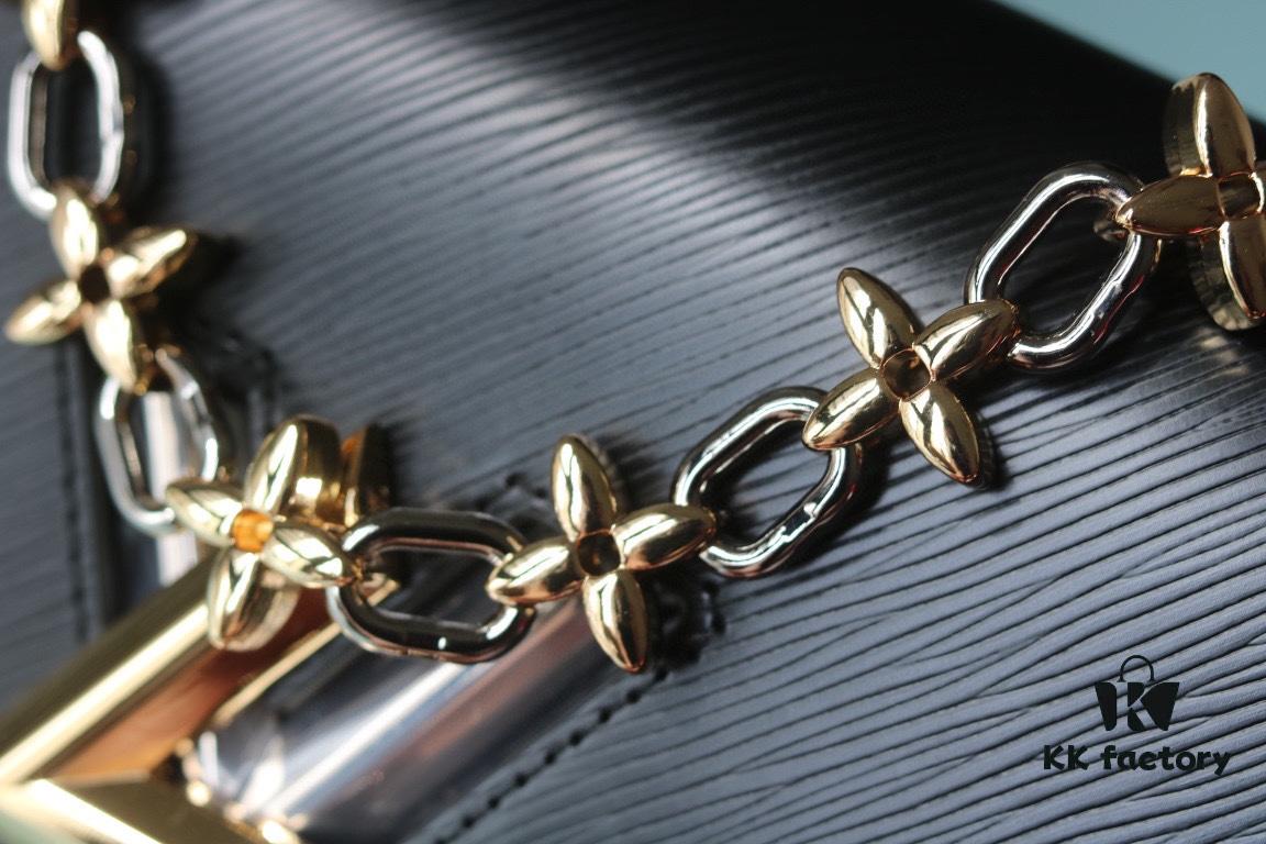 Latest European Version Top-Quality Original LV Twist MM Bloom Handbag in Dark Epi Leather with Floral Chain Detail