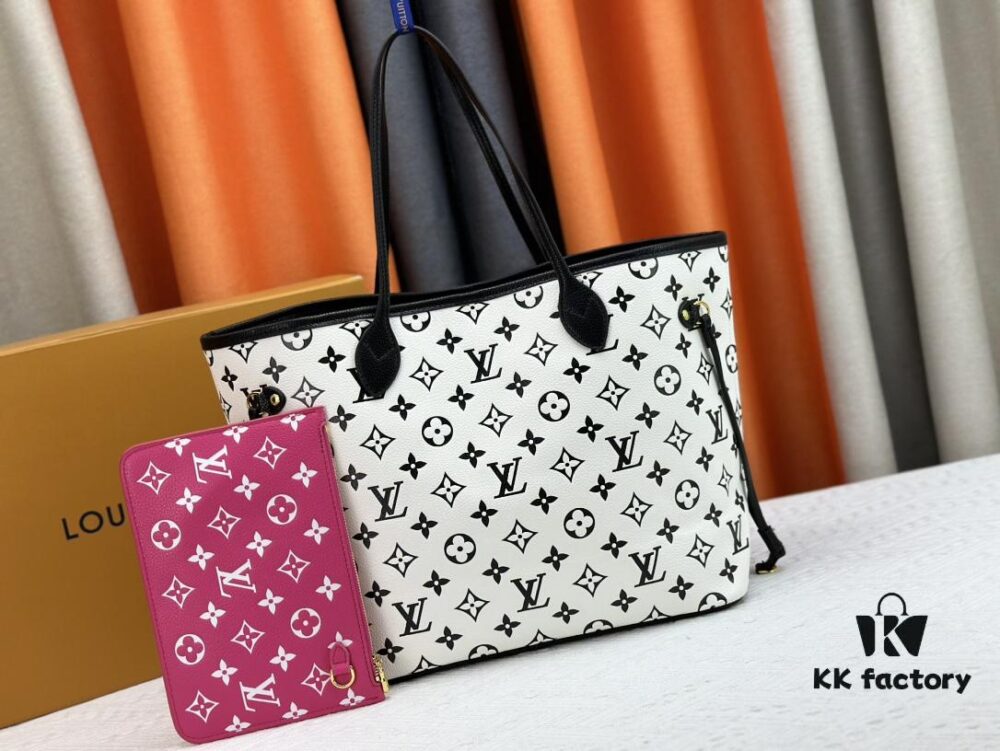 M45684 M45685 M40995 Tote MM Handbag with Monochrome Stripes in Cream and Pink Background Featuring LVs