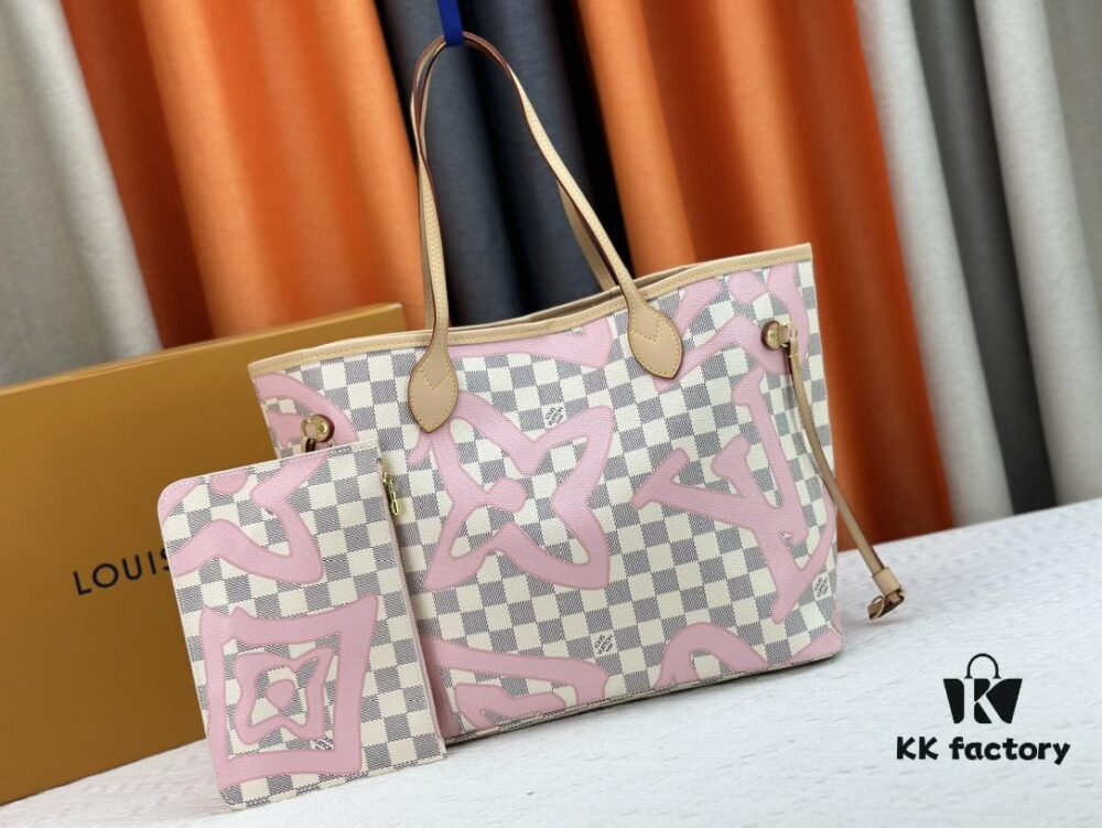 Monogram Tote MM Handbag with Monochrome Stripes and LVs on Pink Background