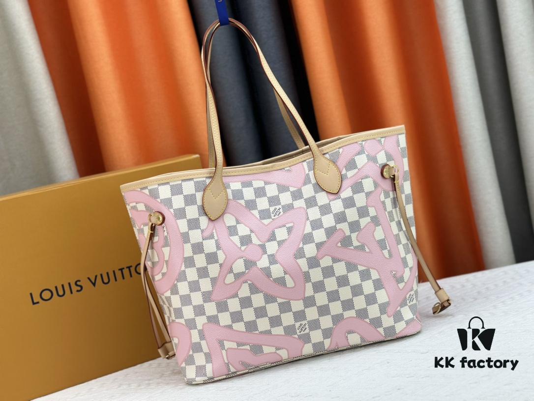 Monogram Tote MM Handbag with Monochrome Stripes and LVs on Pink Background