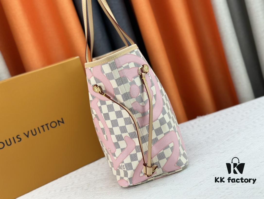 Monogram Tote MM Handbag with Monochrome Stripes and LVs on Pink Background