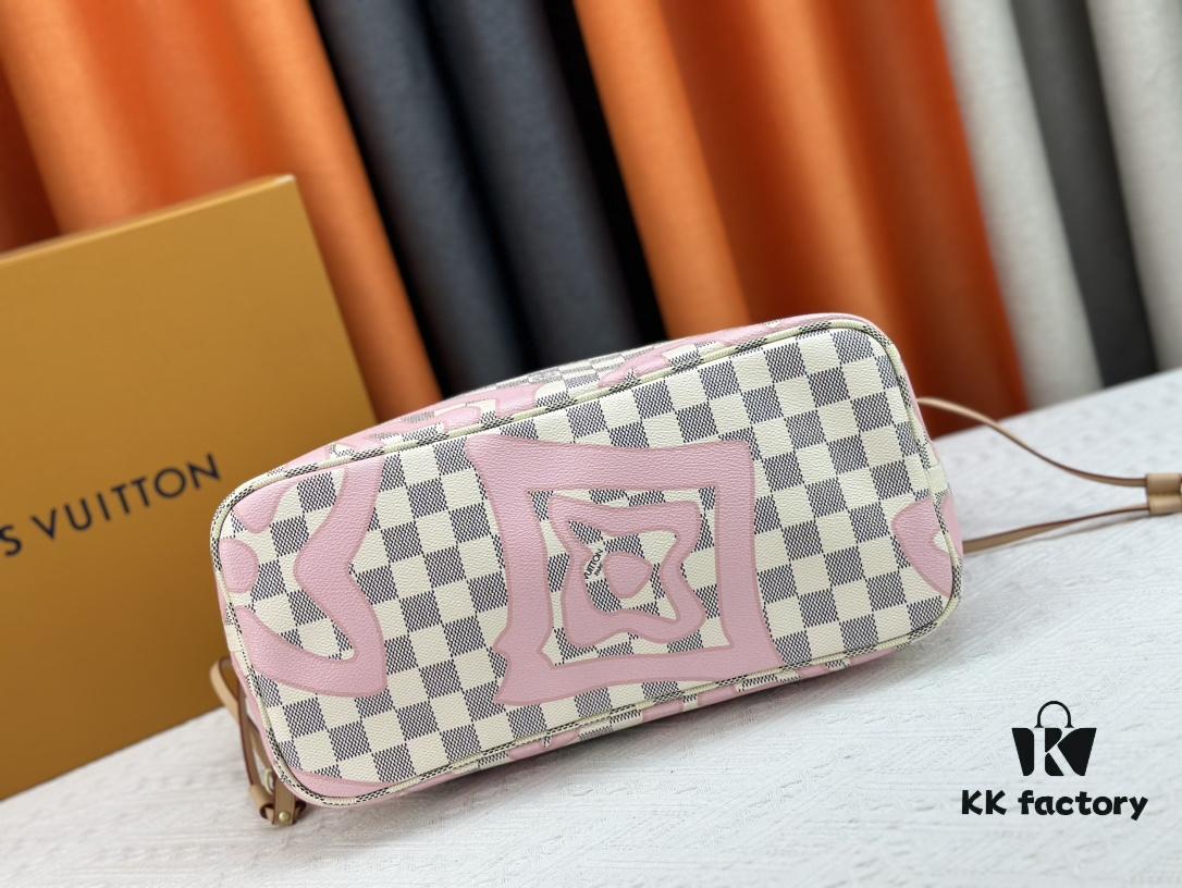 Monogram Tote MM Handbag with Monochrome Stripes and LVs on Pink Background