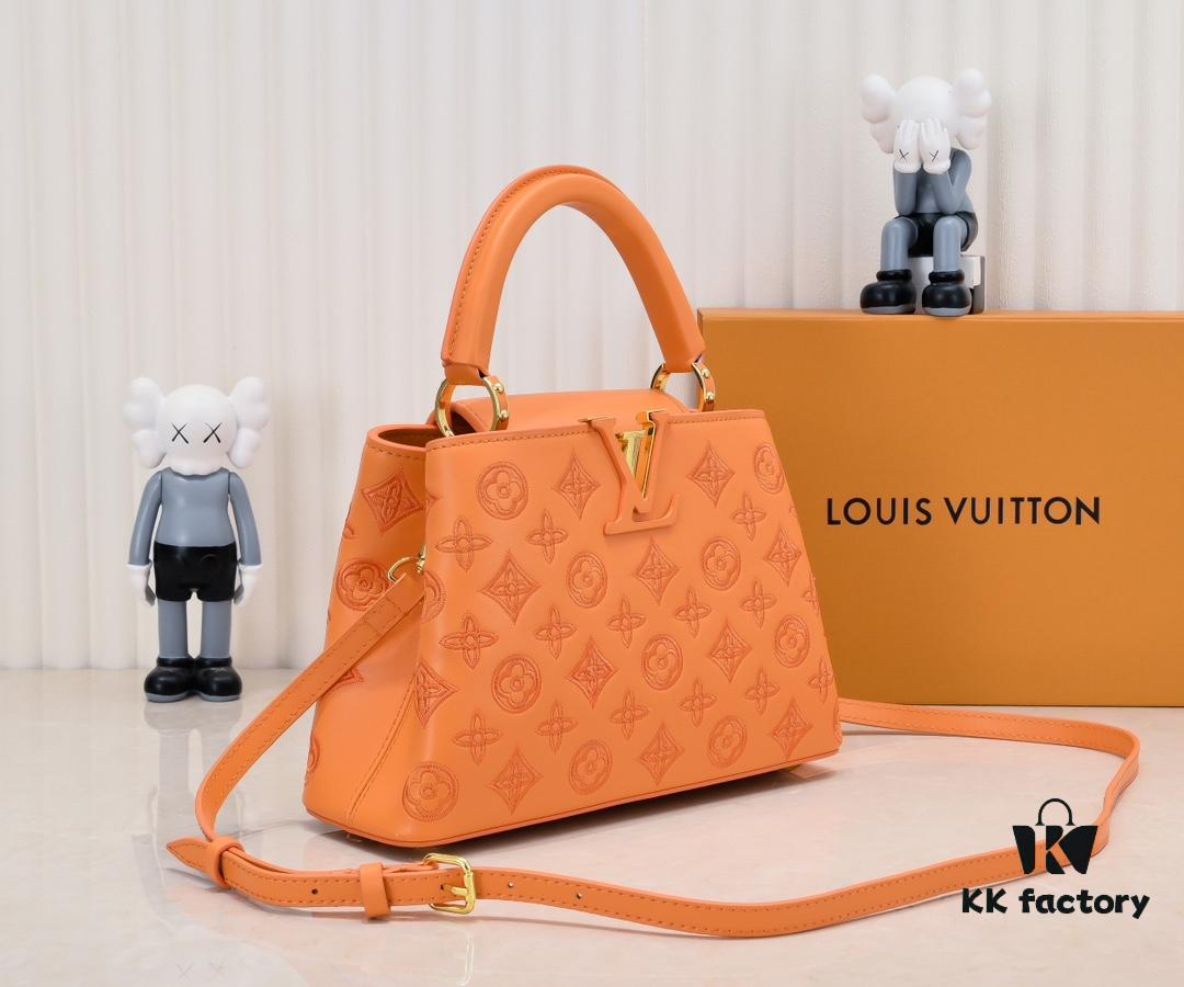 Upgraded M20742 Broderie Anglaise Embroidered Gold Button Capucines BB Handbag