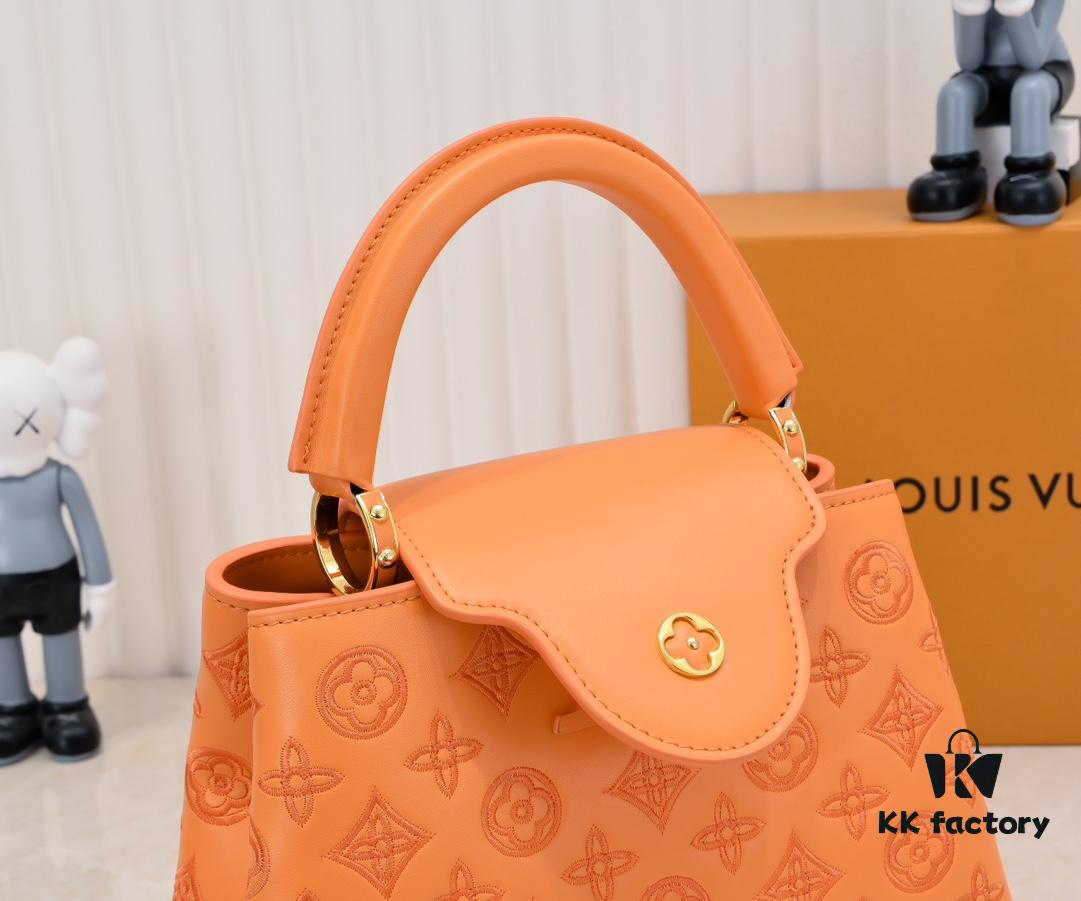 Upgraded M20742 Broderie Anglaise Embroidered Gold Button Capucines BB Handbag