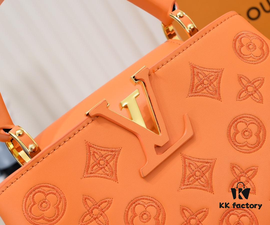 Upgraded M20742 Broderie Anglaise Embroidered Gold Button Capucines BB Handbag