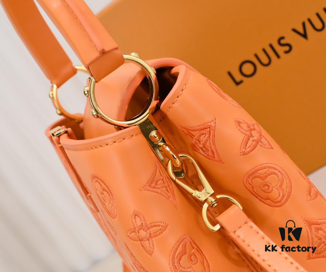 Upgraded M20742 Broderie Anglaise Embroidered Gold Button Capucines BB Handbag