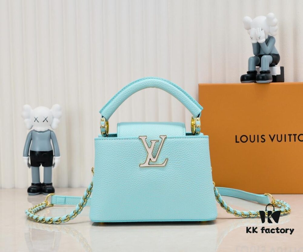 Upgraded M59850 Stellar Pearl Green Mother-of-Pearl Button Capucines Mini Bag