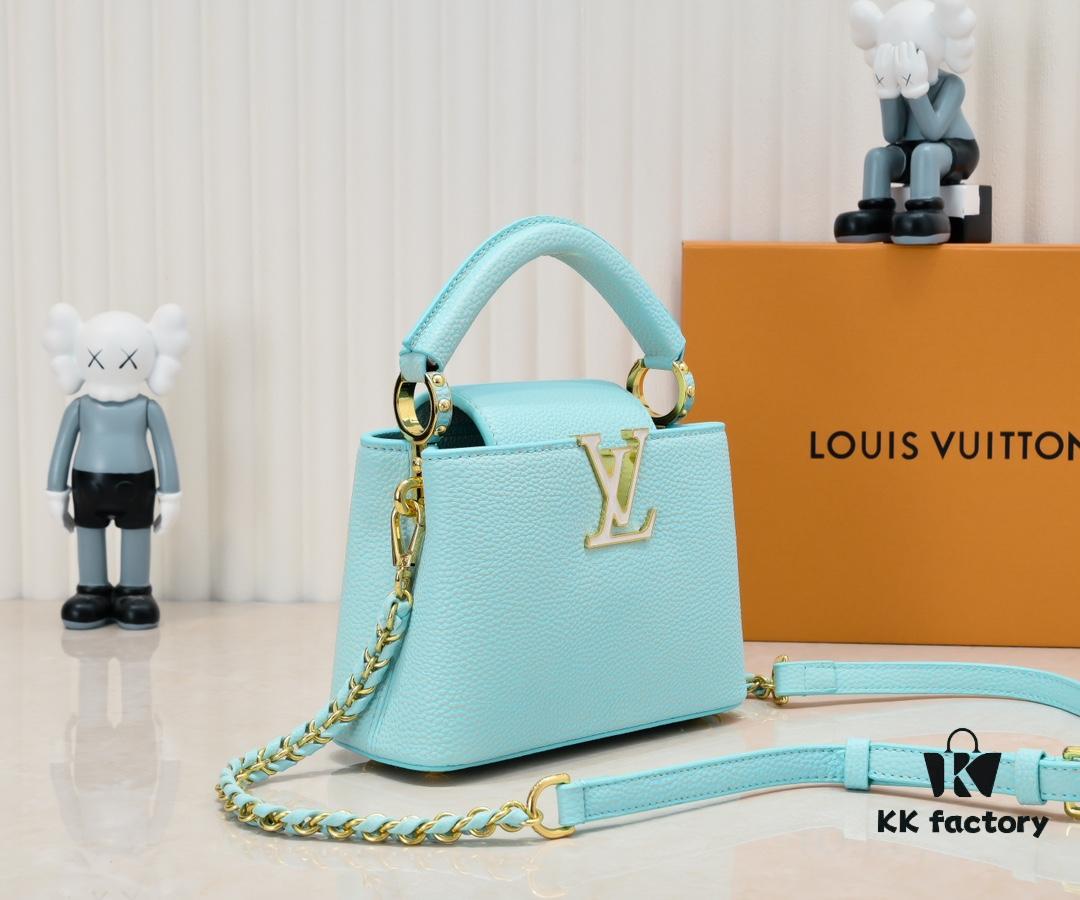 Upgraded M59850 Stellar Pearl Green Mother-of-Pearl Button Capucines Mini Bag