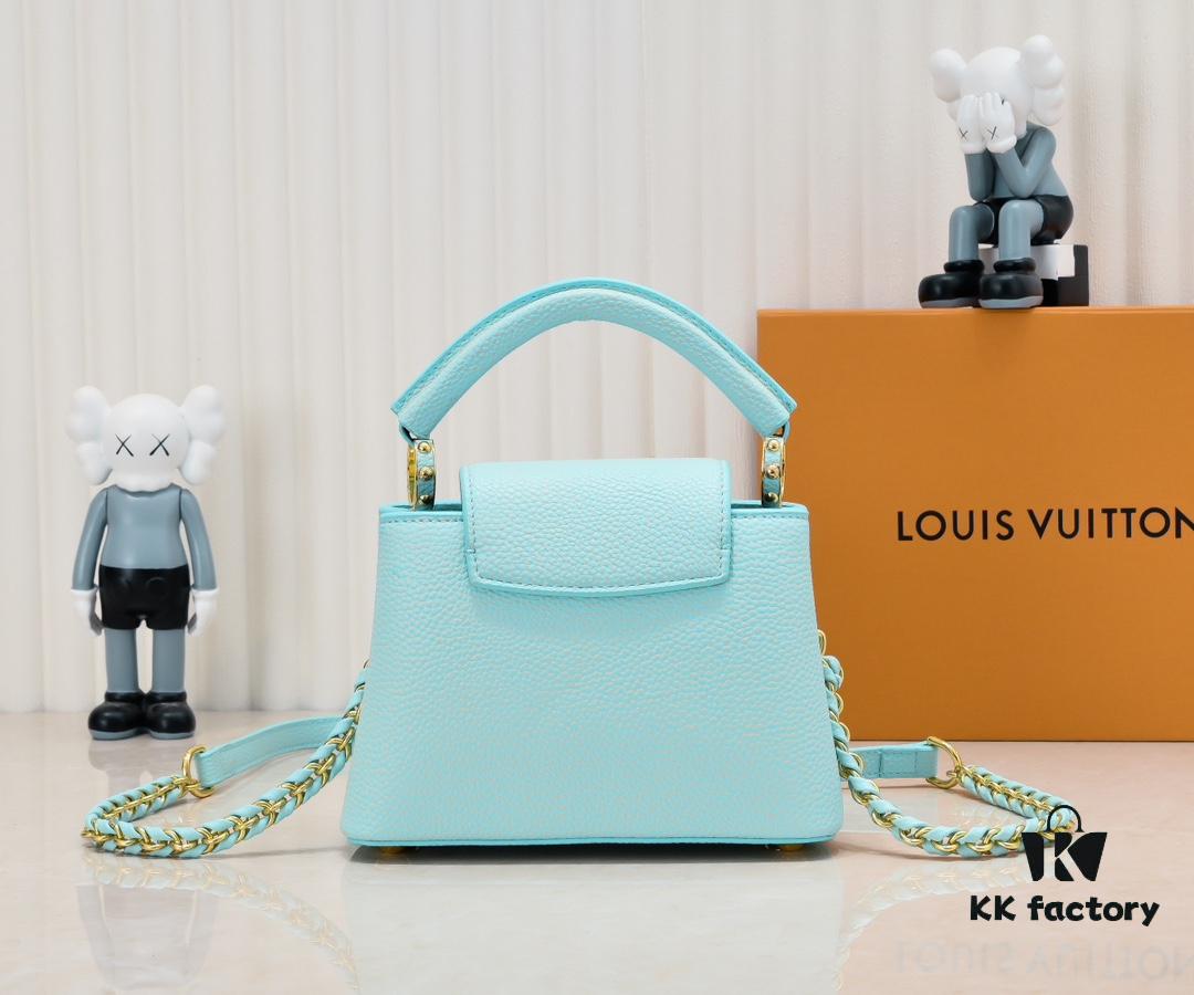 Upgraded M59850 Stellar Pearl Green Mother-of-Pearl Button Capucines Mini Bag