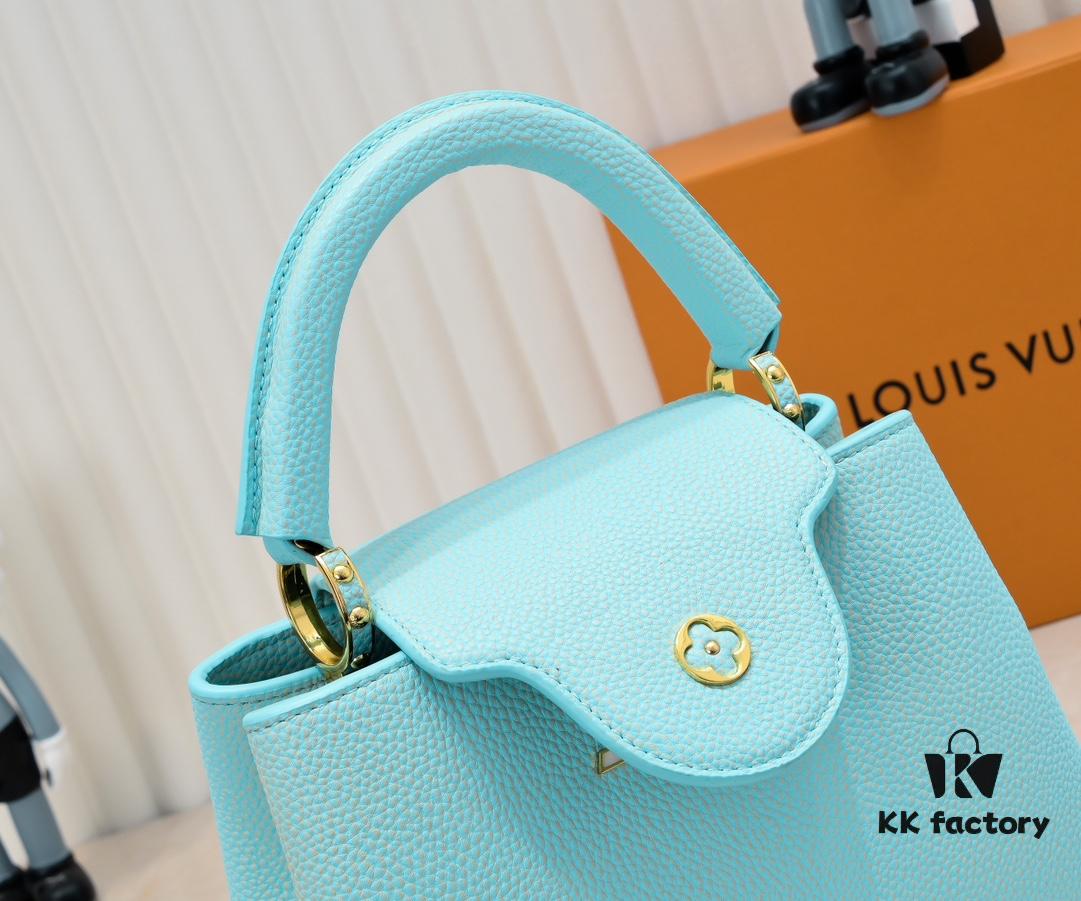 Upgraded M59850 Stellar Pearl Green Mother-of-Pearl Button Capucines Mini Bag