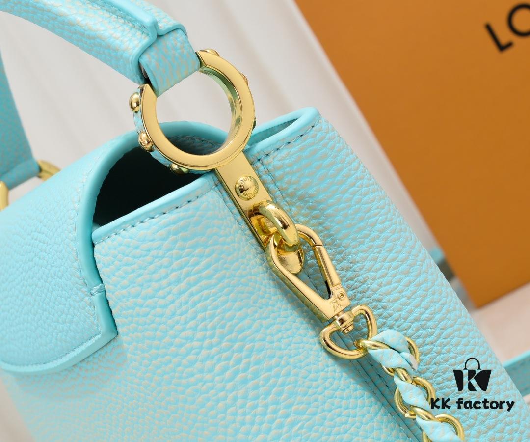 Upgraded M59850 Stellar Pearl Green Mother-of-Pearl Button Capucines Mini Bag