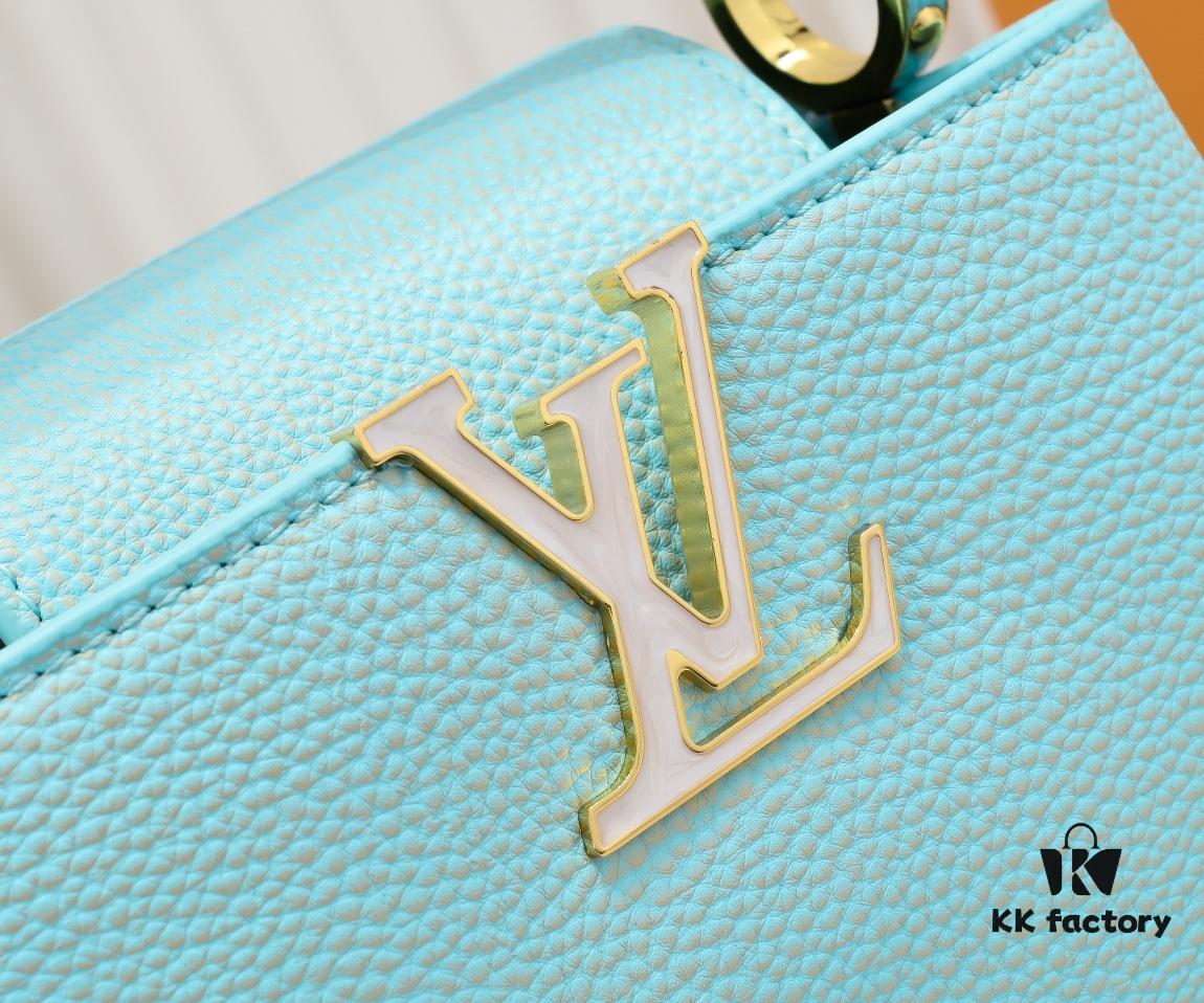 Upgraded M59850 Stellar Pearl Green Mother-of-Pearl Button Capucines Mini Bag