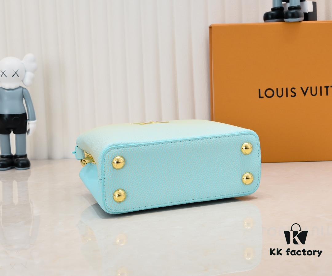 Upgraded M59850 Stellar Pearl Green Mother-of-Pearl Button Capucines Mini Bag