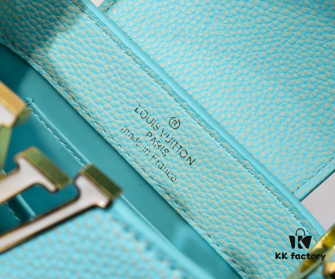 Upgraded M59850 Stellar Pearl Green Mother-of-Pearl Button Capucines Mini Bag