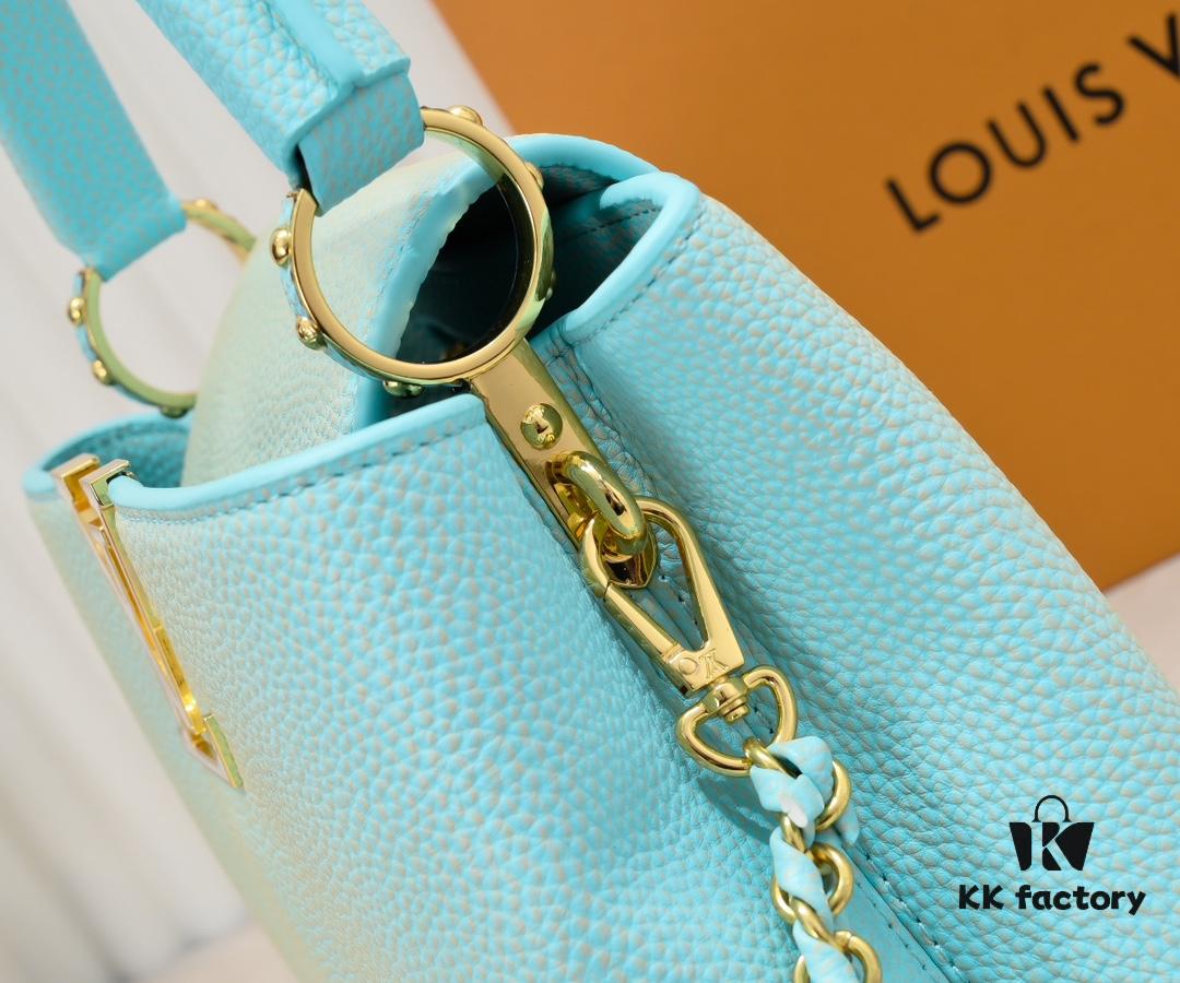 Upgraded M59868 Stellar Pearl Green Shell Button Capucines BB Handbag