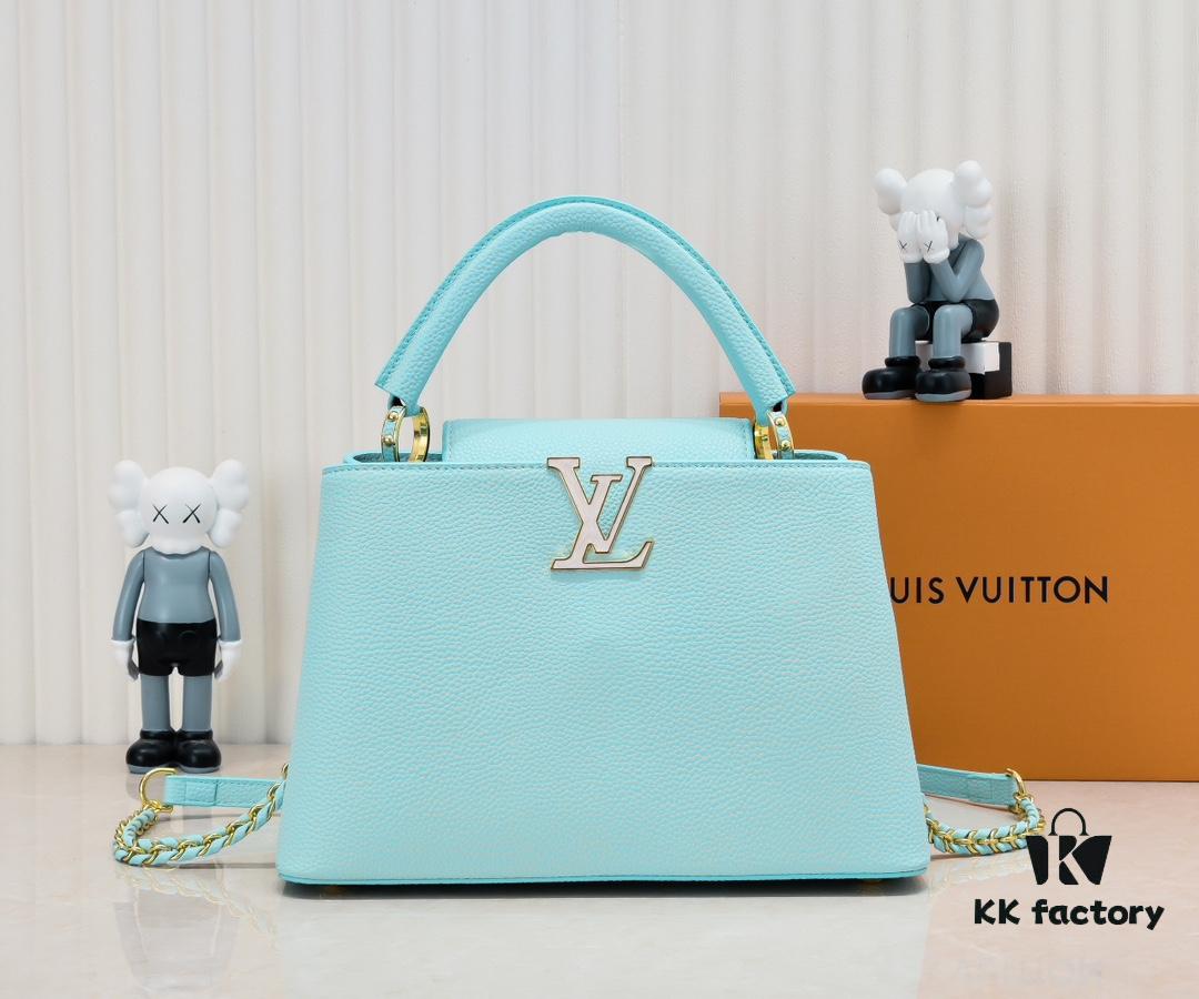 Upgraded M20841 Stellar Pearl Green Shell Button Capucines MM Handbag