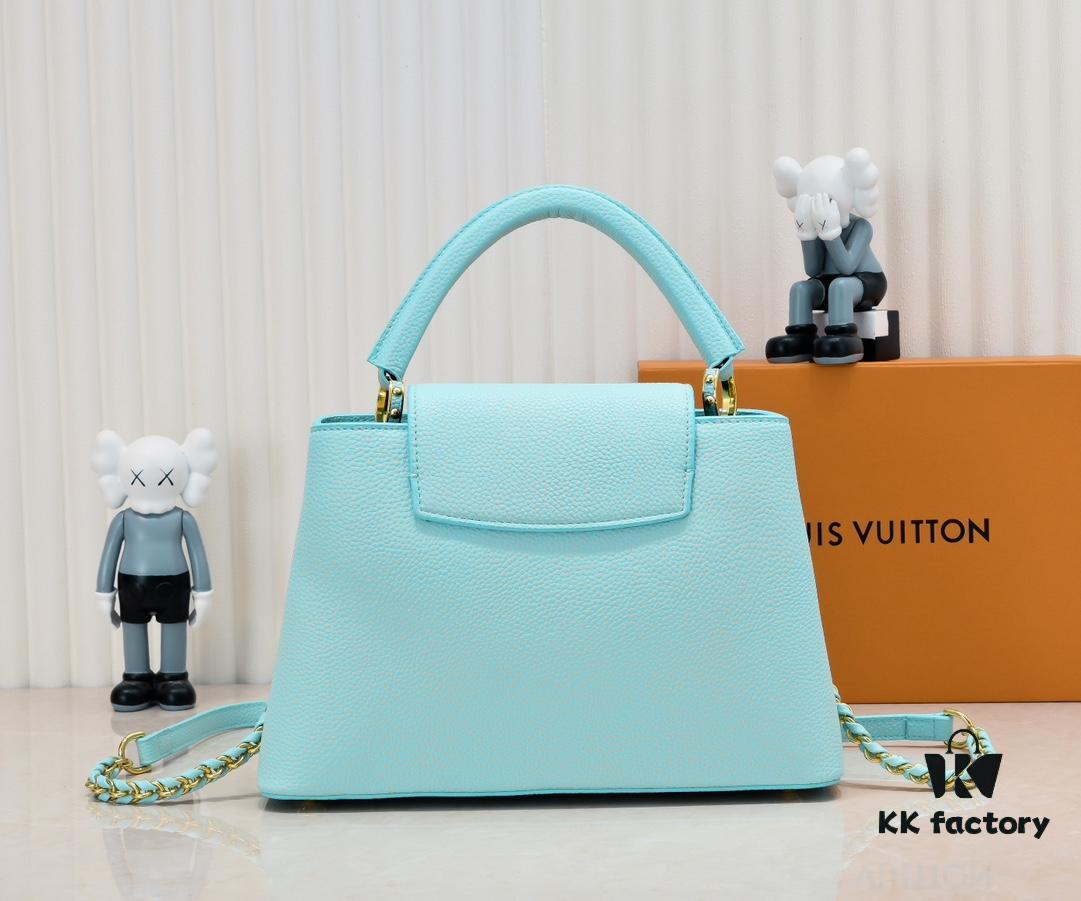 Upgraded M20841 Stellar Pearl Green Shell Button Capucines MM Handbag