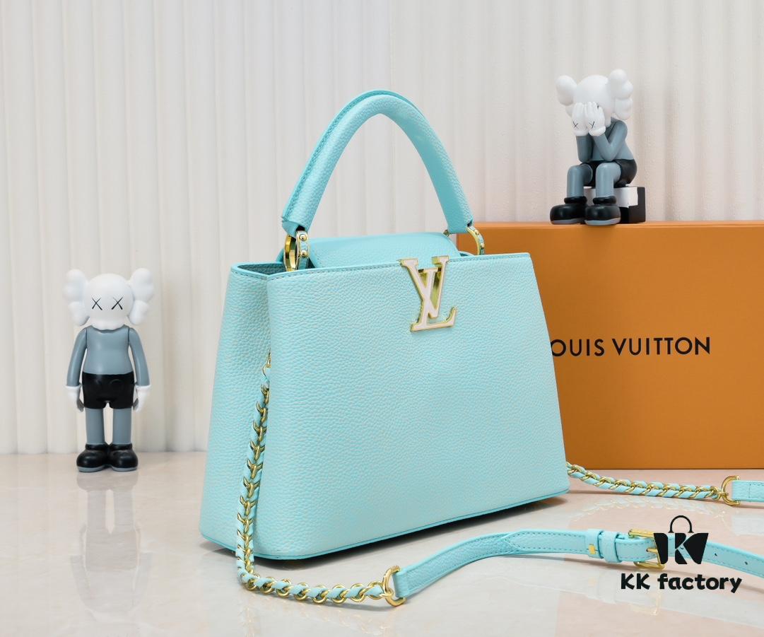 Upgraded M20841 Stellar Pearl Green Shell Button Capucines MM Handbag