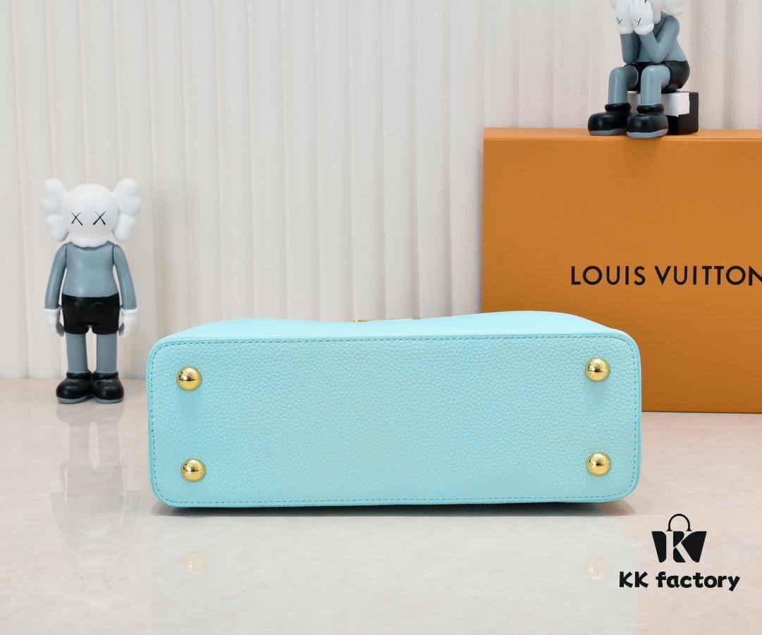 Upgraded M20841 Stellar Pearl Green Shell Button Capucines MM Handbag