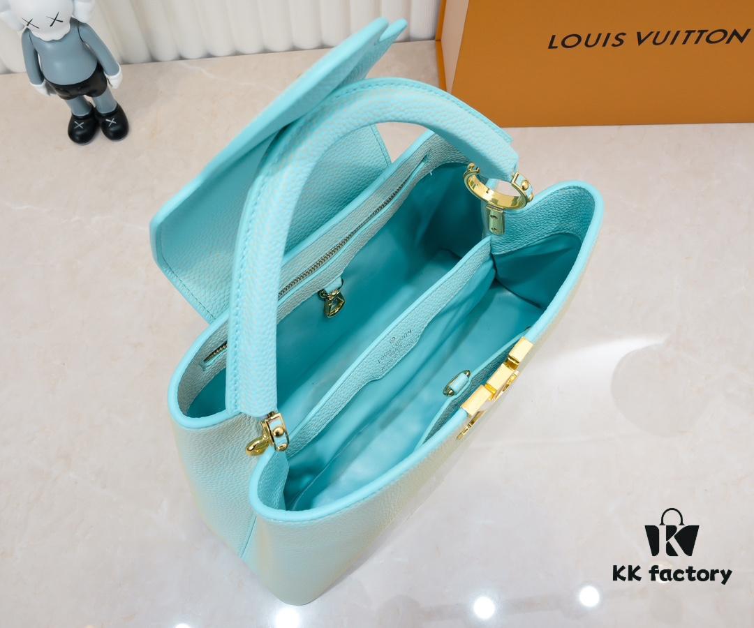 Upgraded M20841 Stellar Pearl Green Shell Button Capucines MM Handbag