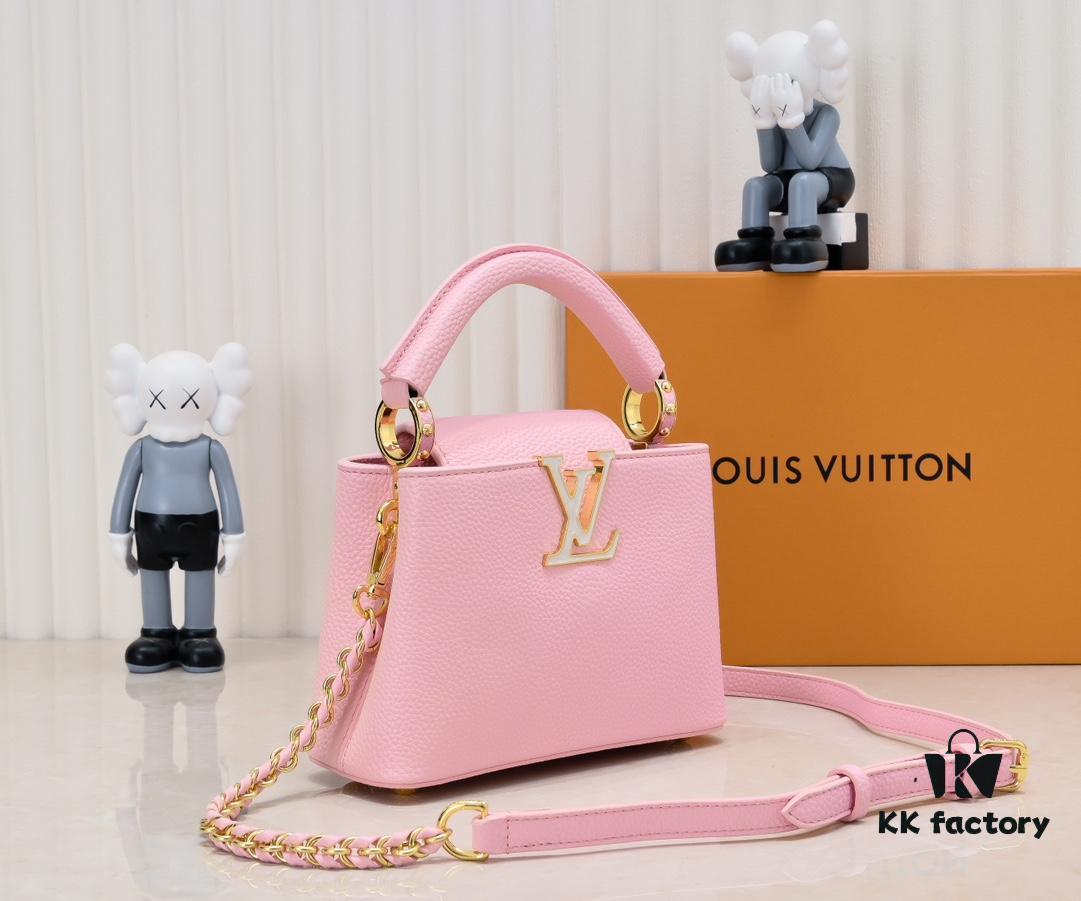 Upgraded M59850 Stellar Pearlized Powder Shell Button Capucines Mini Bag