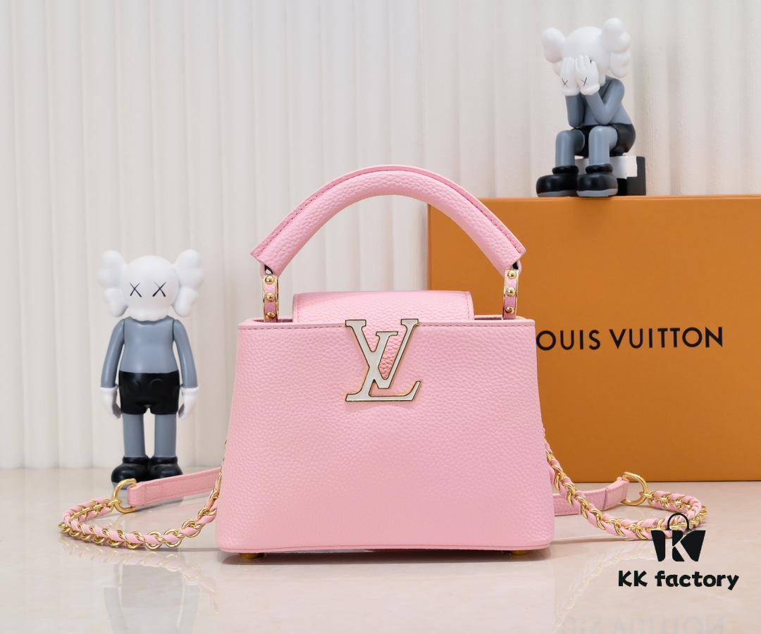 Upgraded M59850 Stellar Pearlized Powder Shell Button Capucines Mini Bag