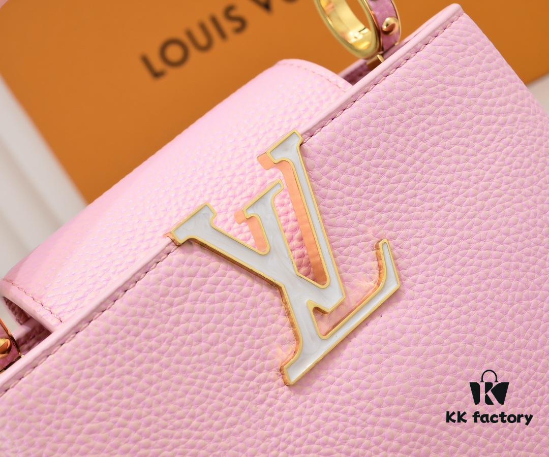 Upgraded M59850 Stellar Pearlized Powder Shell Button Capucines Mini Bag