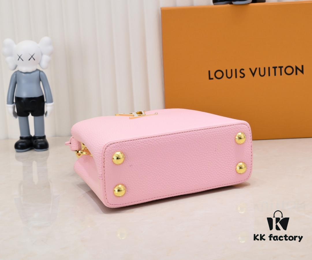 Upgraded M59850 Stellar Pearlized Powder Shell Button Capucines Mini Bag