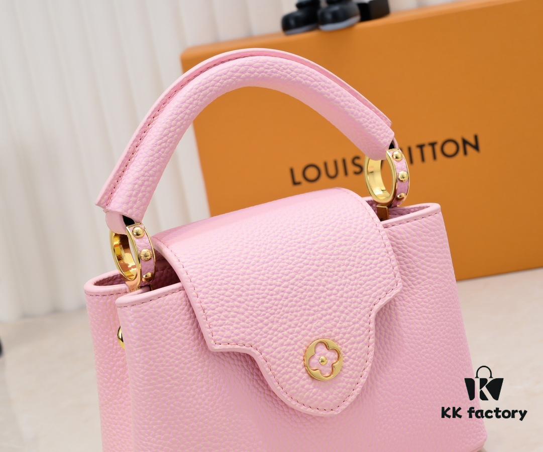 Upgraded M59850 Stellar Pearlized Powder Shell Button Capucines Mini Bag