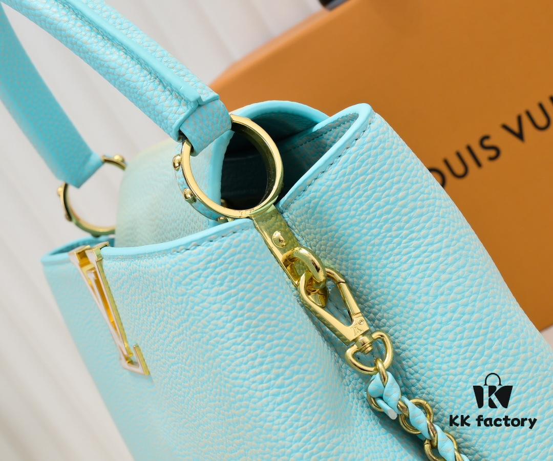 Upgraded M20841 Stellar Pearl Green Shell Button Capucines MM Handbag