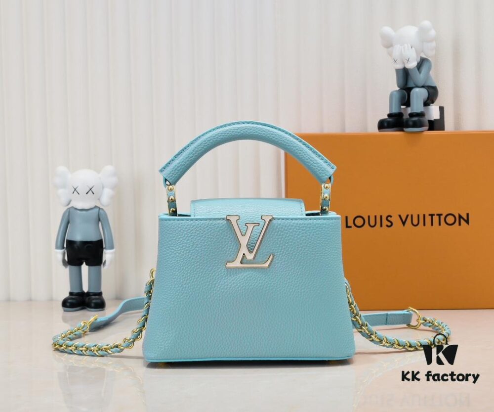 Upgraded M59850 Stellar Pearlized Blue Shell Button Capucines Mini Bag