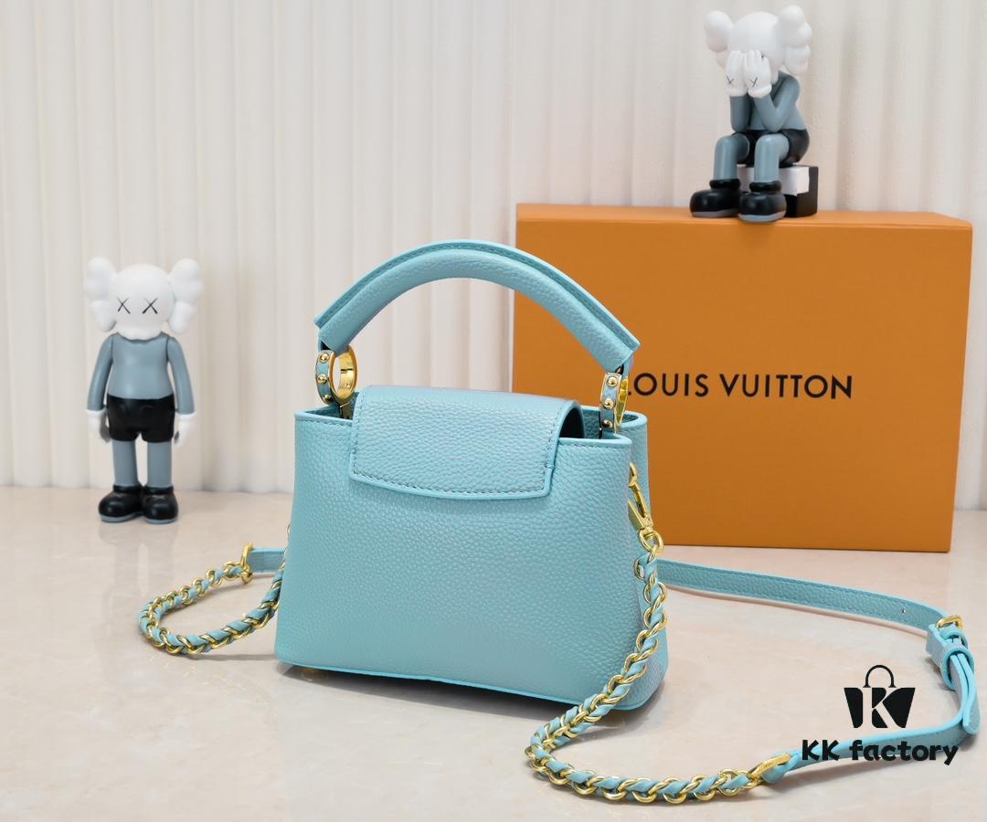 Upgraded M59850 Stellar Pearlized Blue Shell Button Capucines Mini Bag