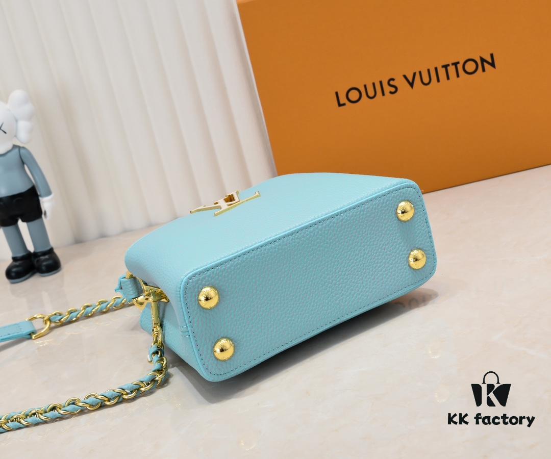 Upgraded M59850 Stellar Pearlized Blue Shell Button Capucines Mini Bag