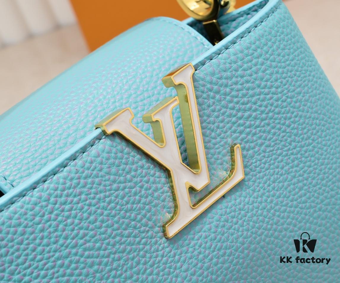 Upgraded M59850 Stellar Pearlized Blue Shell Button Capucines Mini Bag