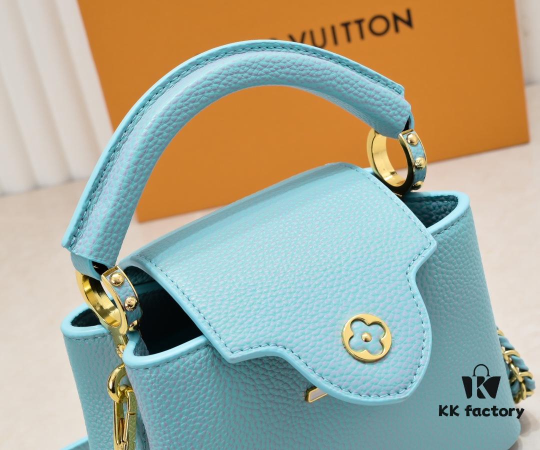 Upgraded M59850 Stellar Pearlized Blue Shell Button Capucines Mini Bag