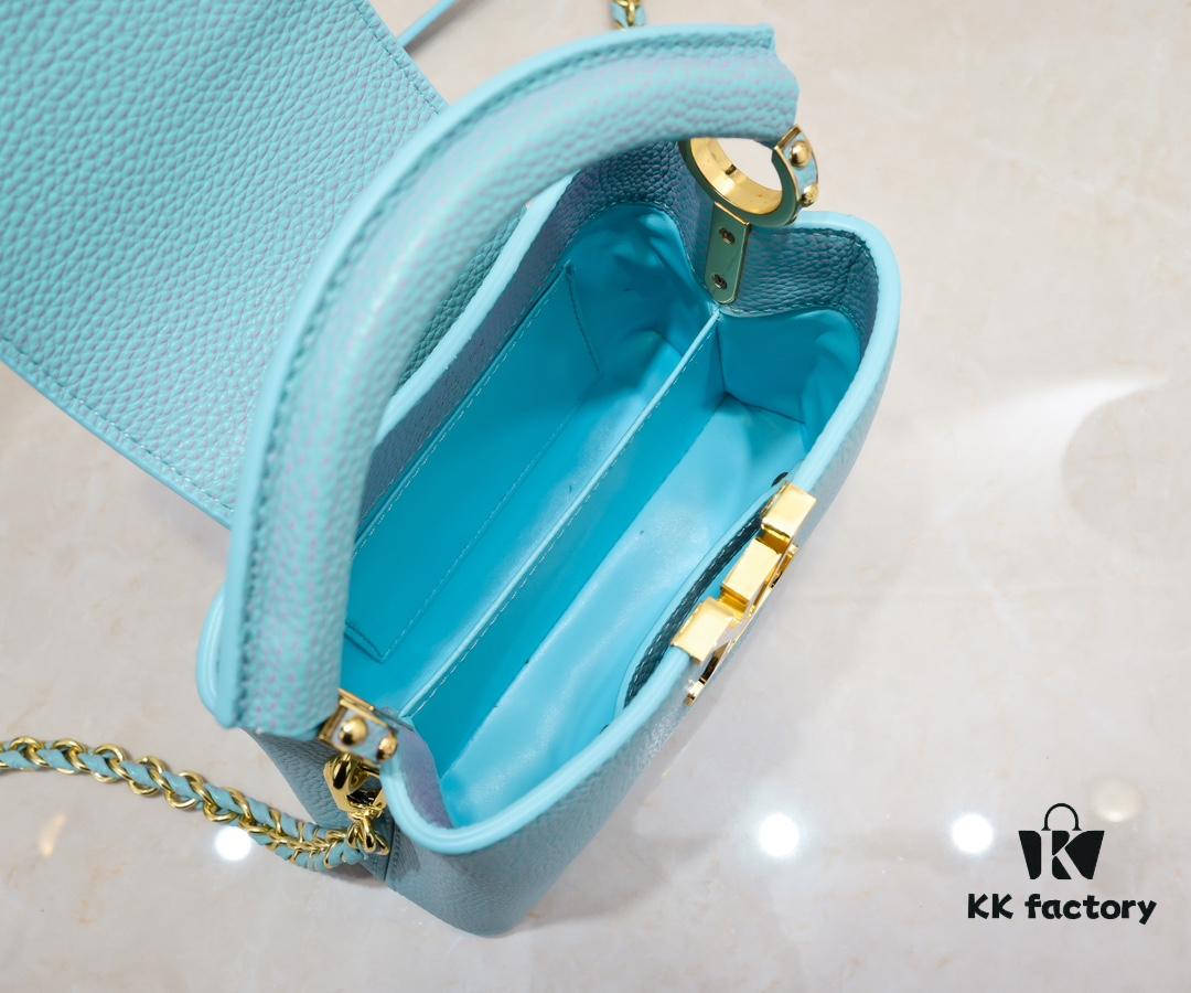 Upgraded M59850 Stellar Pearlized Blue Shell Button Capucines Mini Bag