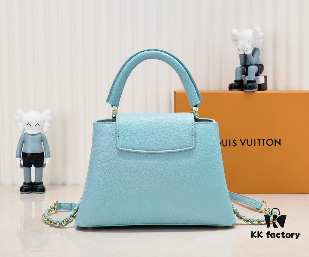 Upgraded M59868 Stellar Pearl Blue Shell Button Capucines BB Bag