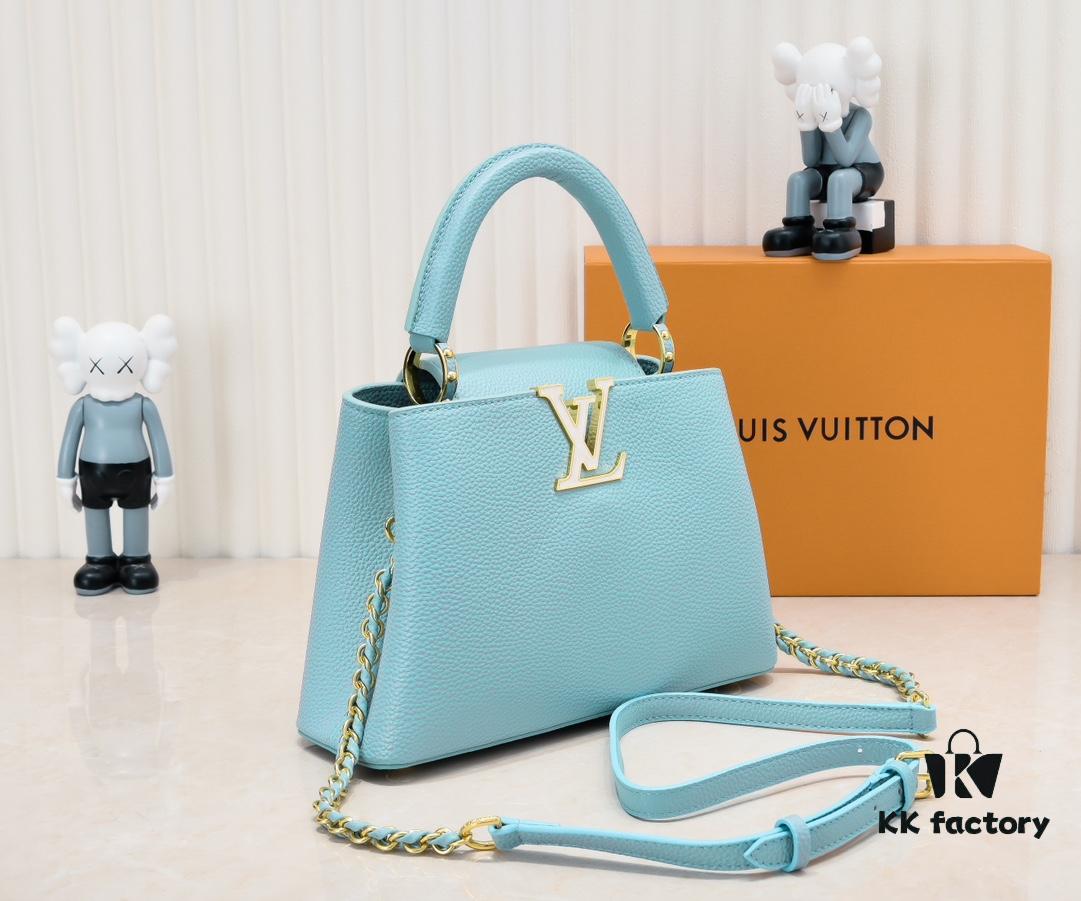 Upgraded M59868 Stellar Pearl Blue Shell Button Capucines BB Bag